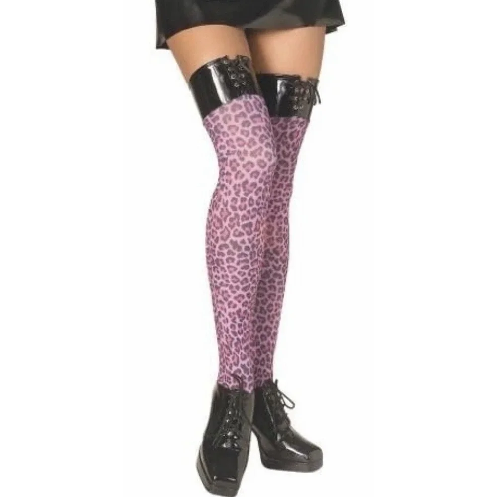 Hot Pink Leopard Thigh High Stockings Dress Up Halloween Adult Costume Accessory